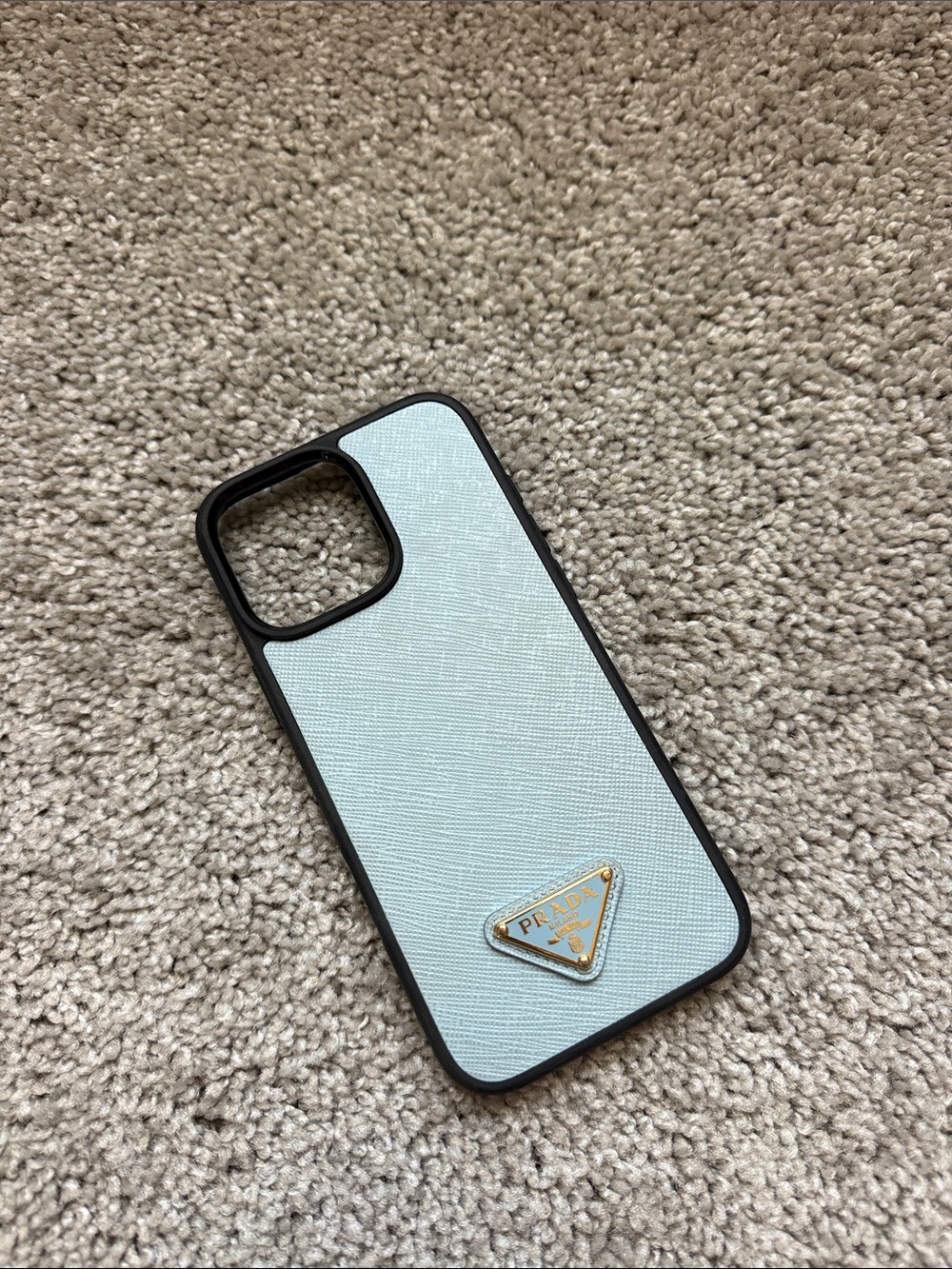 Prada Pale Blue Saffiano Leather iPhone Case with Gold Logo - IPHONE 16PRO MAX